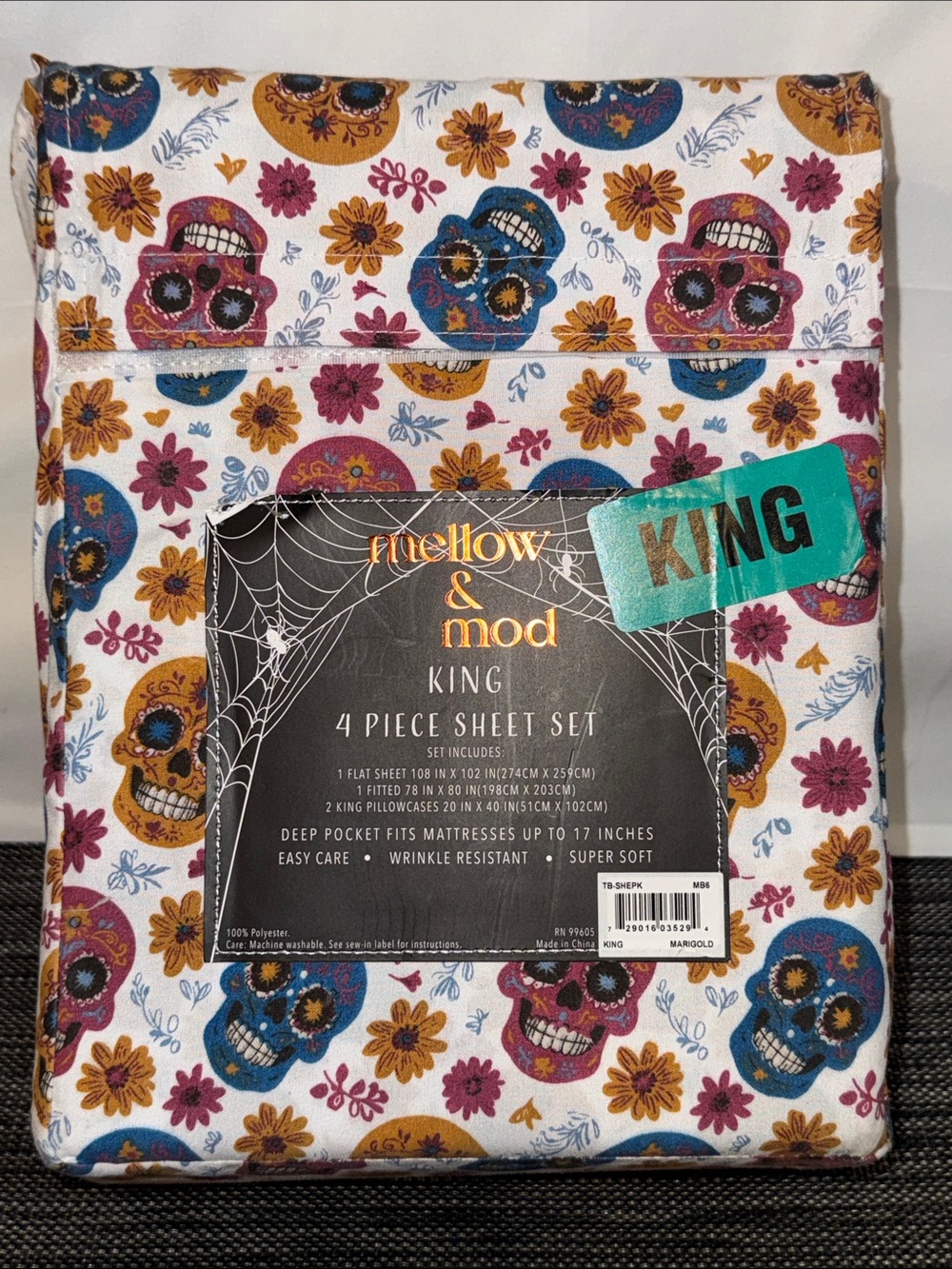 Mellow & Mod King Sheet Set in White with Blue, Pink & Gold Skull Pattern
